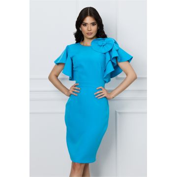 Rochie Moze bleu cu volanase si trandafir la bust