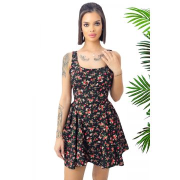 Rochie babydoll MARA, cu funda la spate si imprimeu floral, Negru, Marime S/M/L