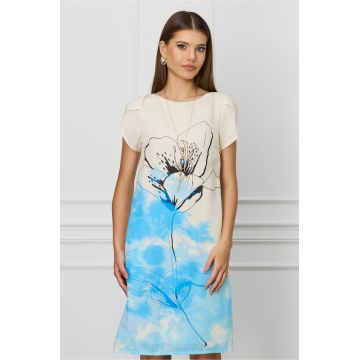Rochie Claudia ivory cu imprimeu bleu si accesoriu