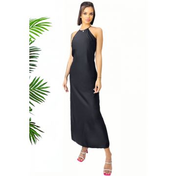 Rochie lunga satinata Priscilla, cu spatele gol si croiala halter, Negru, Marime S/M