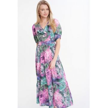 Rochie midi cu decolteu in V - model si maneci scurte