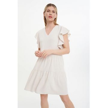 Rochie scurta din amestec de in cu maneci cu franjuri