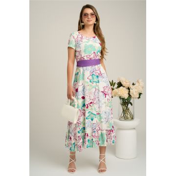 Rochie din viscoza alba cu imprimeu floral mov si cordon in talie Rochie din viscoza alba cu imprimeu floral mov si cordon in talie