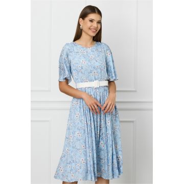 Rochie Dy Fashion bleu cu imprimeu floral alb si curea in talie