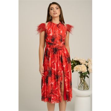 Rochie Dy Fashion cu imprimeu rosu si pene la umeri