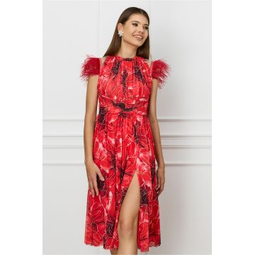 Rochie Dy Fashion cu imprimeu rosu si pene la umeri
