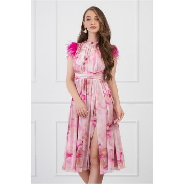Rochie Dy Fashion cu imprimeu roz si pene la umeri