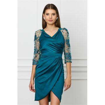 Rochie Ella Collection Alison turcoaz cu broderie si perle pe maneci