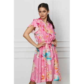 Rochie Carina roz cu imprimeuri florale orange si cordon in talie Rochie Carina roz cu imprimeuri florale orange si cordon in talie