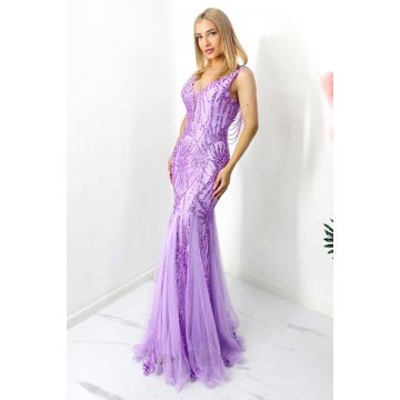 Rochie de seara, tip sirena, Fabyola, cu paiete si insertii din voal, Mov, S/