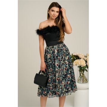 Rochie DY Fashion neagra cu imprimeu pe fusta si pene la bust