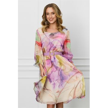 Rochie Jasmine mov din voal cu imprimeuri galben si curea in talie