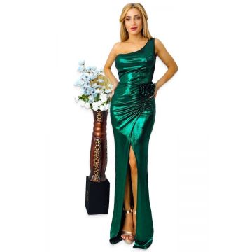 Rochie de seara, JoeLLe, cu detaliu floral si umarul gol, Verde Metalizat, Marime S/M