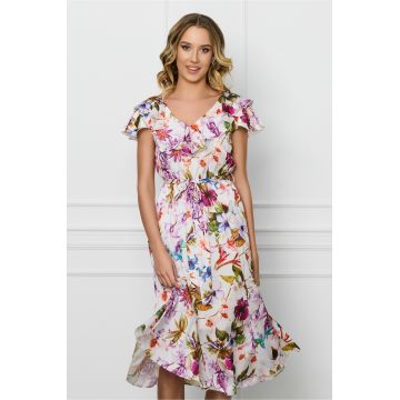 Rochie DY Fashion alba din voal cu imprimeu mov si cordon in talie