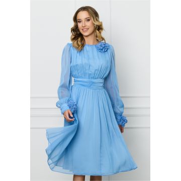 Rochie DY Fashion bleu din voal cu trandafiri la maneci si decolteu