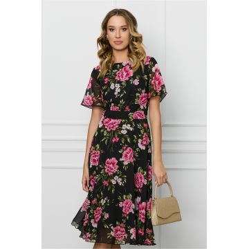 Rochie DY Fashion neagra din voal cu imprimeuri florale roz