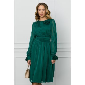 Rochie DY Fashion verde din voal cu trandafiri la maneci si decolteu
