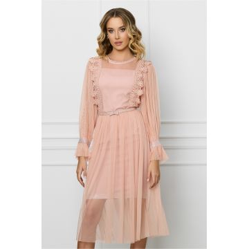 Rochie Sophie roz din tull cu dantela si curea in talie