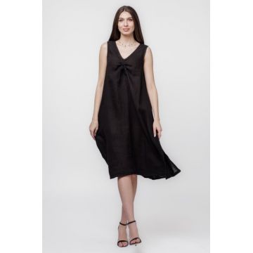 Rochie A-line din in, fara maneci, cu siret pe bust, neagra
