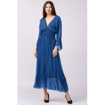 Rochie albastra din matase naturala cu banda elastica in talie si volane