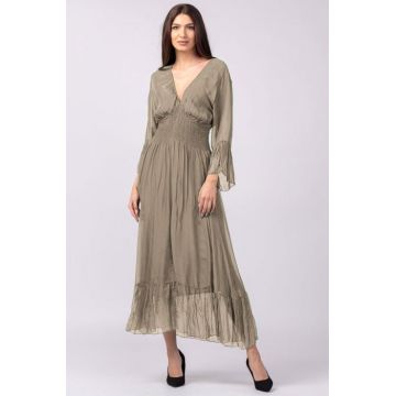 Rochie bej inchis din matase si vascoza cu banda elastica in talie si volane