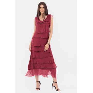 Rochie bordo din matase si vascoza cu  volane franjurate suprapuse, fara maneci