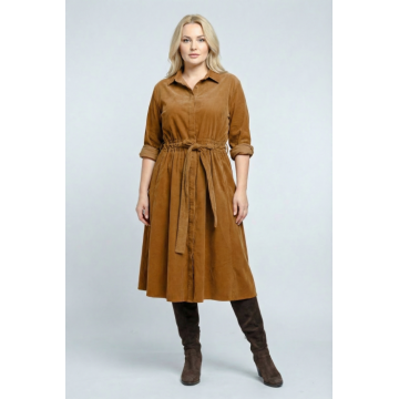 Rochie camasa din catifea reiata cu cordon in talie, camel