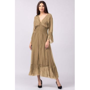 Rochie camel din matase si vascoza cu banda elastica in talie si volane