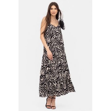 Rochie cu volane si bretelute, lunga, animal print alb-negru