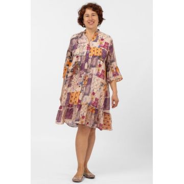 Rochie de vara midi cu imprimeu floral pe fond portocaliu