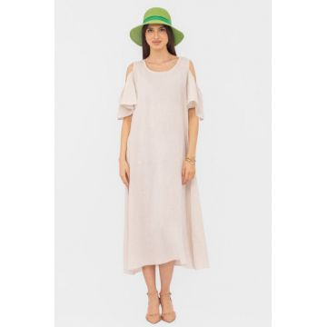 Rochie din in cu umerii goi, lunga,  A-line, bej