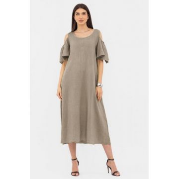 Rochie din in cu umerii goi, lunga,  A-line, bej inchis