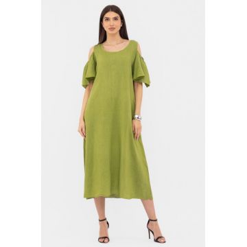 Rochie din in cu umerii goi, lunga,  A-line, verde deschis