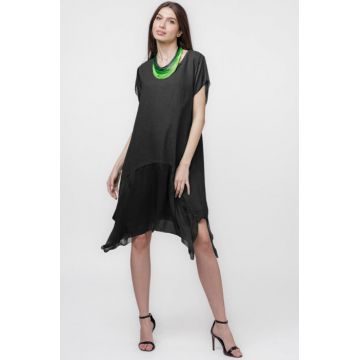 Rochie din in cu volan din matase naturala si colturi, neagra