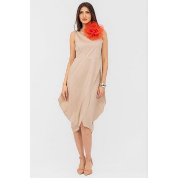 Rochie din poplin de bumbac petrecuta, cu colturi laterale, bej
