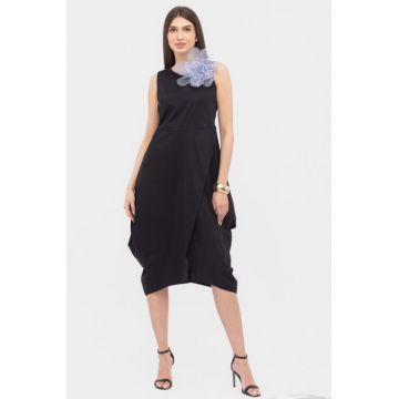 Rochie din poplin de bumbac petrecuta, cu colturi laterale, neagra