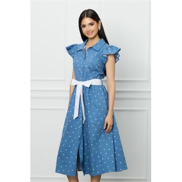 Rochie DY Fashion albastra cu buline si cordon in talie