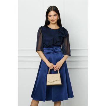 Rochie DY Fashion bleumarin cu bust din voal si fusta din satin Rochie DY Fashion bleumarin cu bust din voal si fusta din satin