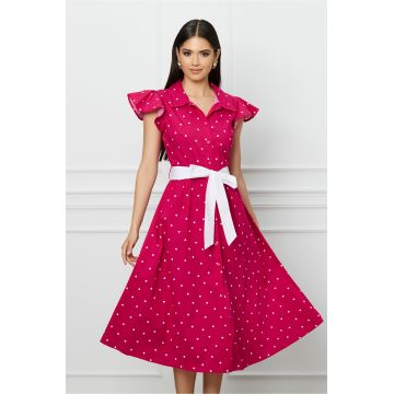 Rochie DY Fashion fucsia cu buline si cordon in talie
