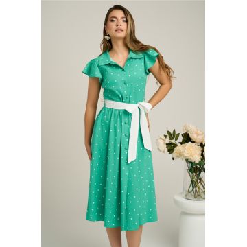 Rochie DY Fashion verde cu buline si cordon in talie