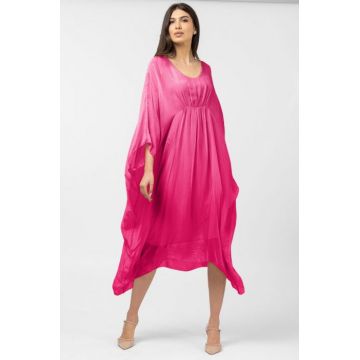 Rochie fucsia in colturi, lunga, ampla, din matase si vascoza, cu detaliu sub bust