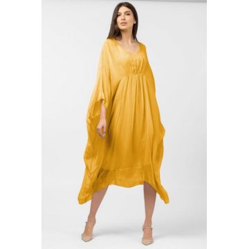 Rochie galben turmeric in colturi, lunga, ampla, din matase naturala, cu detaliu sub bust