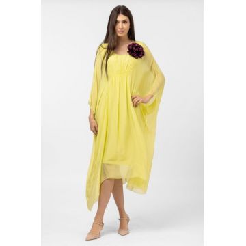 Rochie galbena, lunga, ampla, din matase si vascoza, cu detaliu sub bust, in colturi