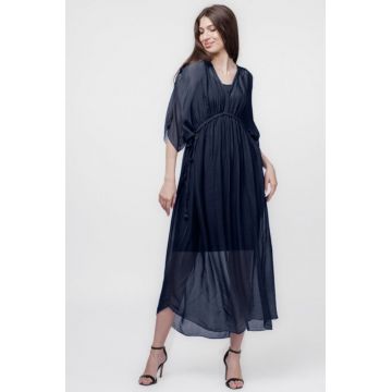 Rochie   Goddess   din matase si vascoza cu snur impletit pe decolteu si talie, bleumarin