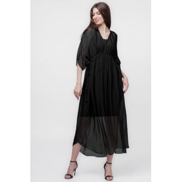 Rochie   Goddess   din matase si vascoza cu snur impletit pe decolteu si talie, neagra