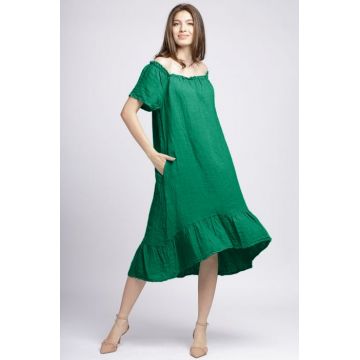 Rochie in colturi din in verde, cu decolteu pe elastic si volan la poale