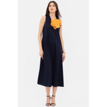 Rochie lunga A-line cu decolteu in V, din poplin de bumbac, bleumarin