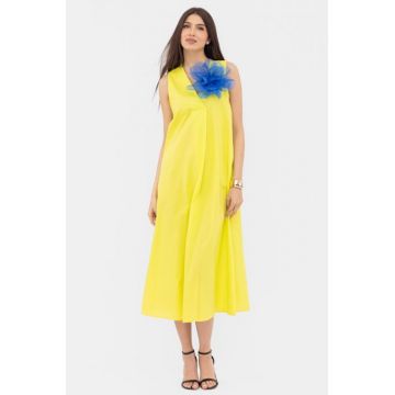 Rochie lunga A-line cu decolteu in V, din poplin de bumbac, verde lime