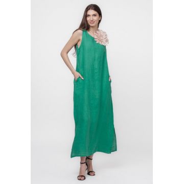 Rochie lunga A-line din in, fara maneci, verde
