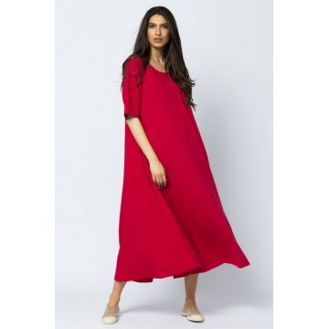 Rochie lunga A-line din tricot de bumbac, fucsia